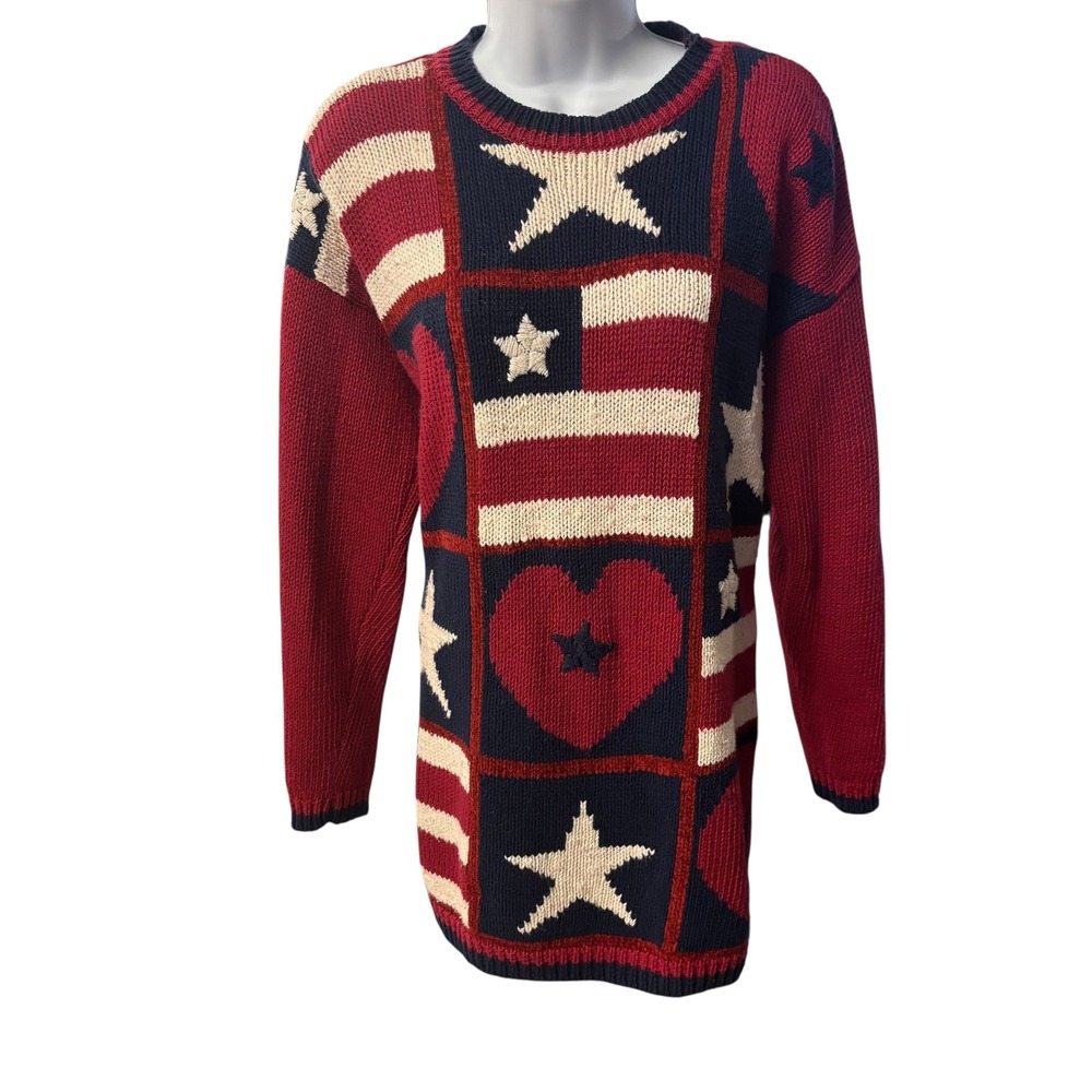 Marsh Landing Knit Sweater Top American Flag Star‎ Heart Patriotic Red Small VTG